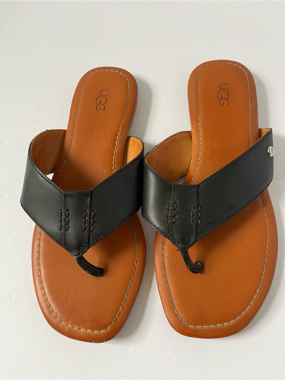 UGG Carey Flip Black Leather Square Toe Sandals Size 7.5